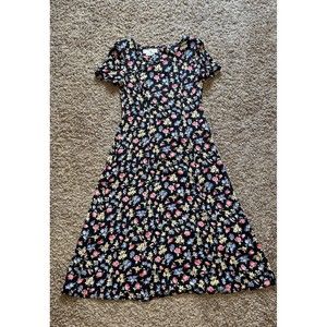 Vintage Maggy London Maxi Dress Women Size 6 Black Floral Print 1980s